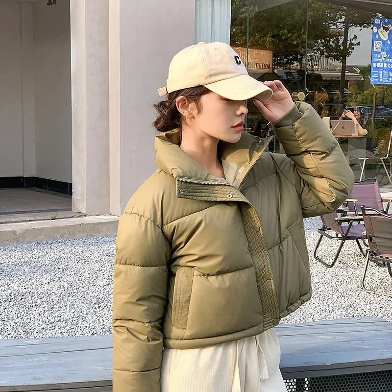 Neue Winter Frauen Cropped Jacke Warme Kurze Puffer Jacken Leichte Chic Stehkragen Student Baumwolle gefütterte Jacke Kleidung