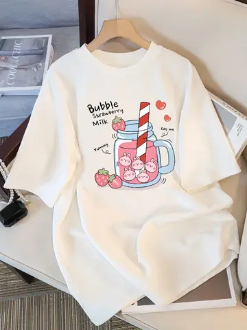 맛있는 딸기 음료 인쇄 된 여성 티셔츠 여름 통기성 거리 캐주얼 스포츠 멋진 반팔 여성 의류 Y2K