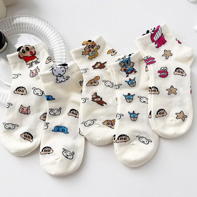 Juego de 5 Calcetines Deportivos para Mujer, Diseño de Shin Chan, Calcetines de Media Caña Transpirables, Cómodos y Absorbentes de Sudor para Otoño y Verano