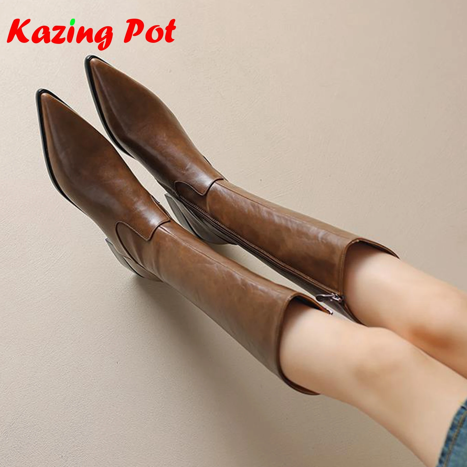 Krazing Pot Cow Skin Ins Pointed Toe Thick Heels Riding Boots British School Slip On French Romantic Model Wear Thigh High Boots