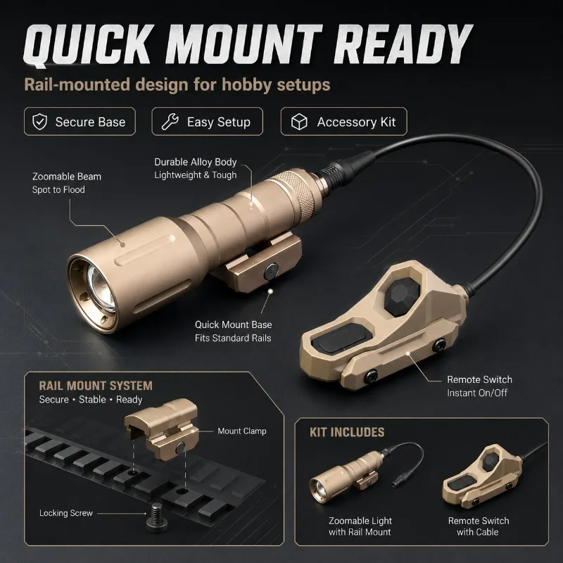 Multi‑Brightness Mode PLH‑V2 Torch, Rail‑Fit Flashlight with Mouse Tail Switch, Hobby Collection Supplies