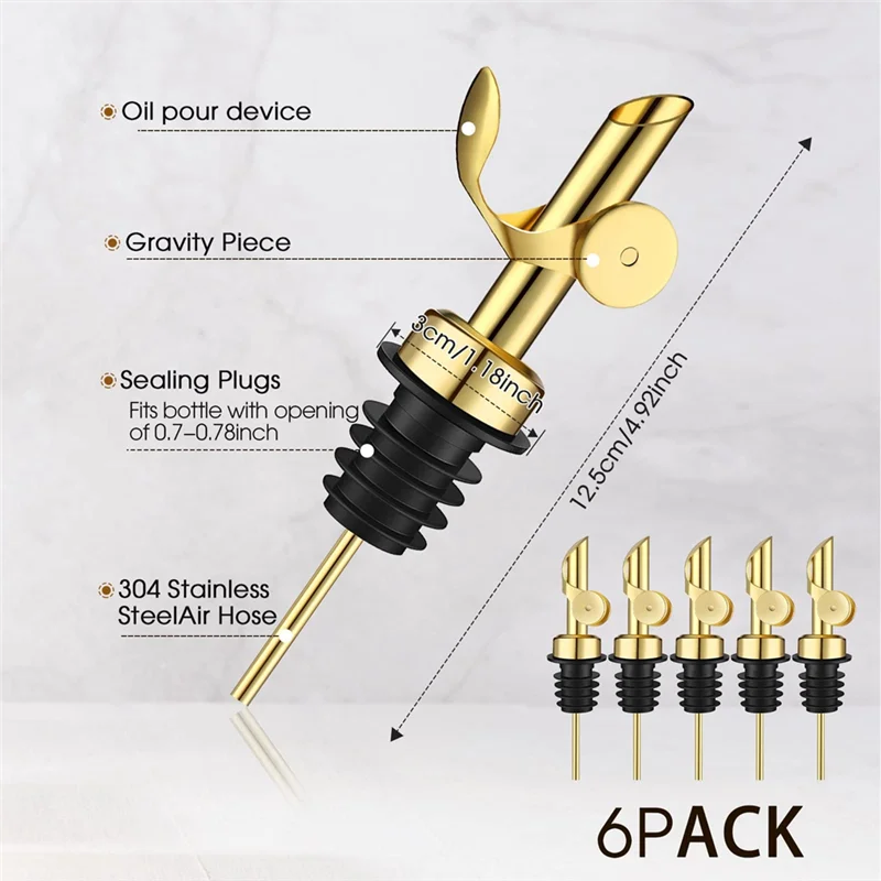 6Pcs Weighted Stainless Steel Liquor Bottle Pourers Auto Flip Olive Oil Dispenser Spout Balsamic Alcohol Pourer (Gold)