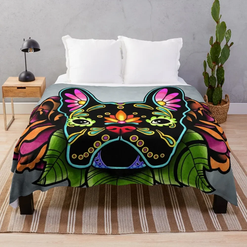 

Day of the Dead French Bulldog in Black Sugar Skull Dog Throw Blanket Thin Soft Blanket for Summer Night Sleeping