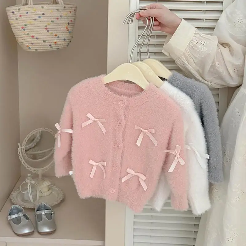 2026 Autumn New Girls Sweet Bow Mink Velvet Cardigan Baby Girl Long Sleeve Soft Princess Knitted Coat Infant Toddler Clothes