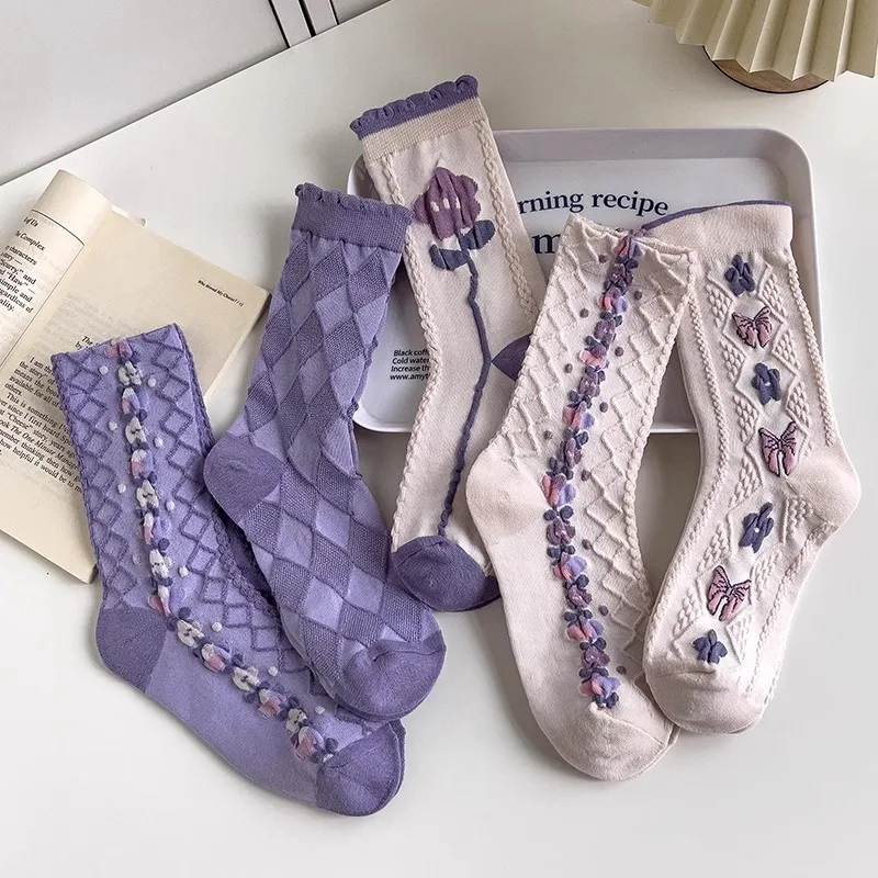 5 pairs Elegant simple women's mid length stockings retro spring summer purple floral long stockings fashionable women's socks