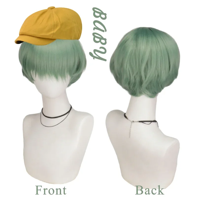 Anime K-pop Demon Saja Jongens Baby Groene Cosplay Pruik met Gele Hoed Halloween Cartoon Hunters Hittebestendige Synthetische Pruiken Prop