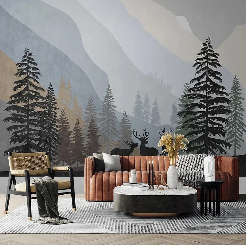Modern Pattern Nordic Forest Elk Scenery Distant Mountains Restauran Background Wall Mural Papel De Parede Decoracion Hogar