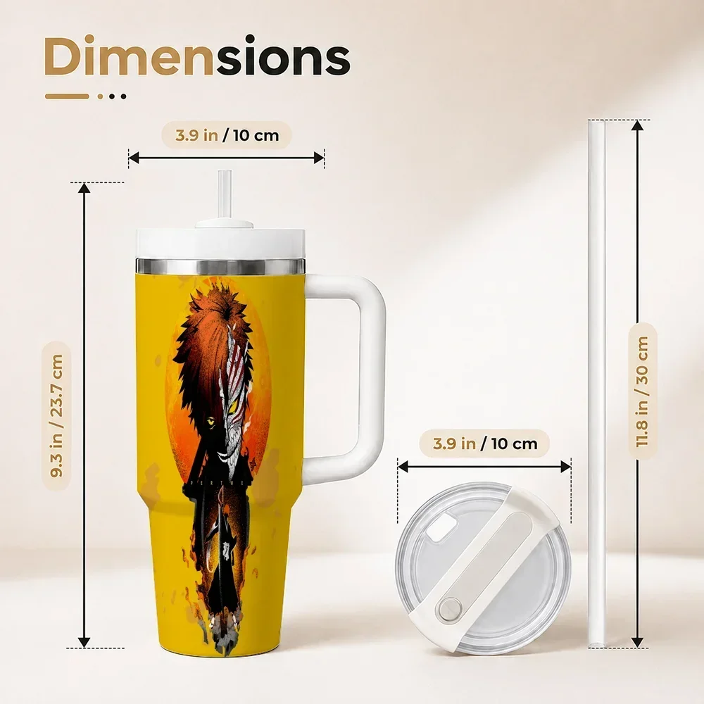 Anime B-Bleach Vacuum Flasks 40oz Leakproof Steel Tumbler w/ Lid Straw Handle Hot Cold Drinks