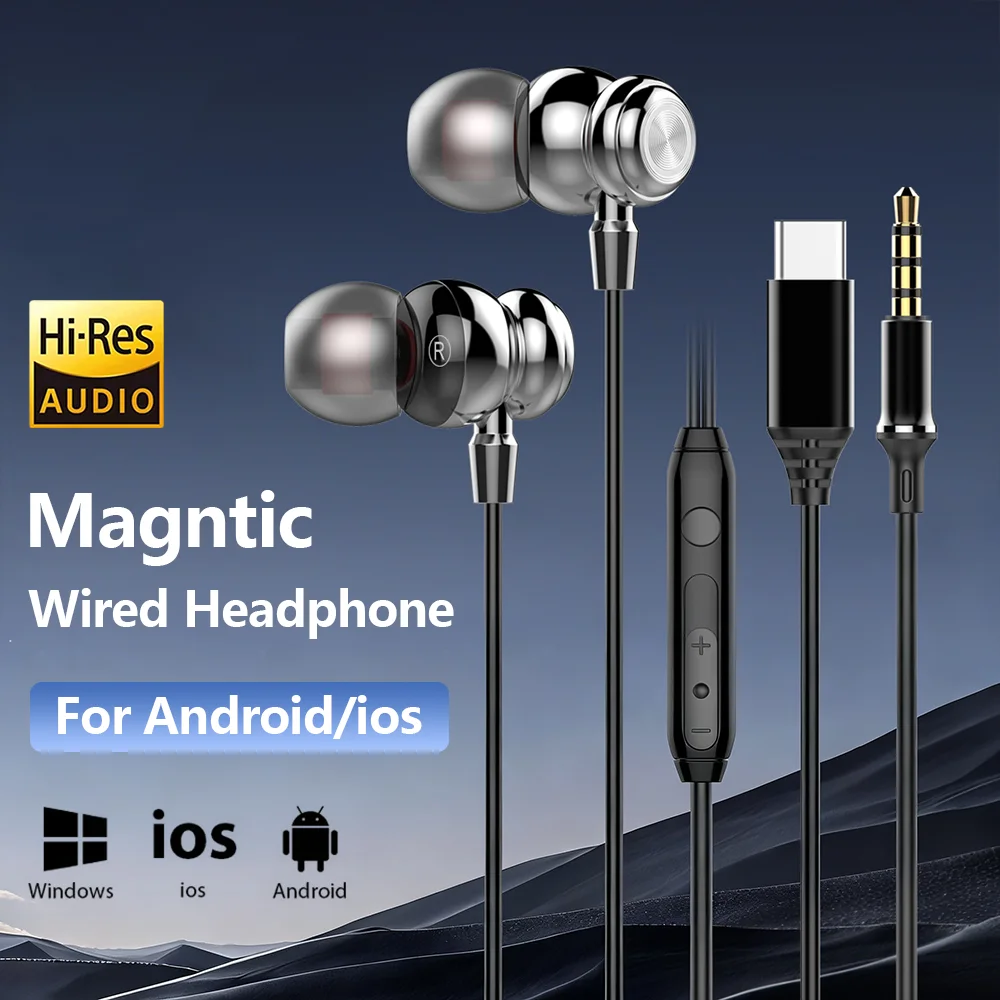 Wired Earphones 3.5mm Type C Jack HiFi Stereo Headphone Noise Reduction Music Gaming Headset With Mic For Samsung Xiaomi iPhone