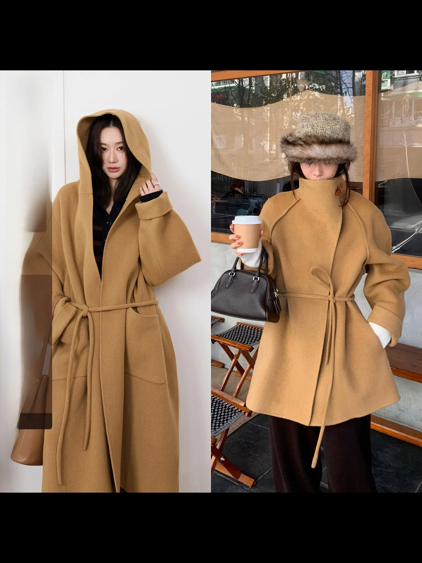 

YUM High-End Double-Sided Woolen Coat with Hood for Women Mid-Length Faionable Outerwear Warm And Sli