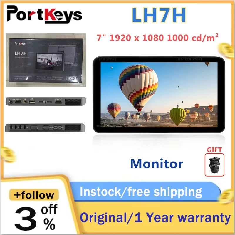 Portkeys LH7H 7inch 3D LUT 1000:1 Bright Monitor 1920X1080 HD Input/Output 4K30p /1080p60 HD Input/Output Interface Touch Screen