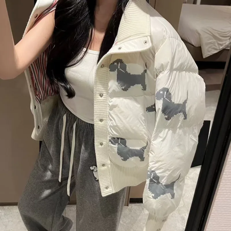 Bonito cão impressão coreano para baixo jaquetas botão high street curto parkas de manga comprida casual casacos de algodão moda para baixo casacos para mulher