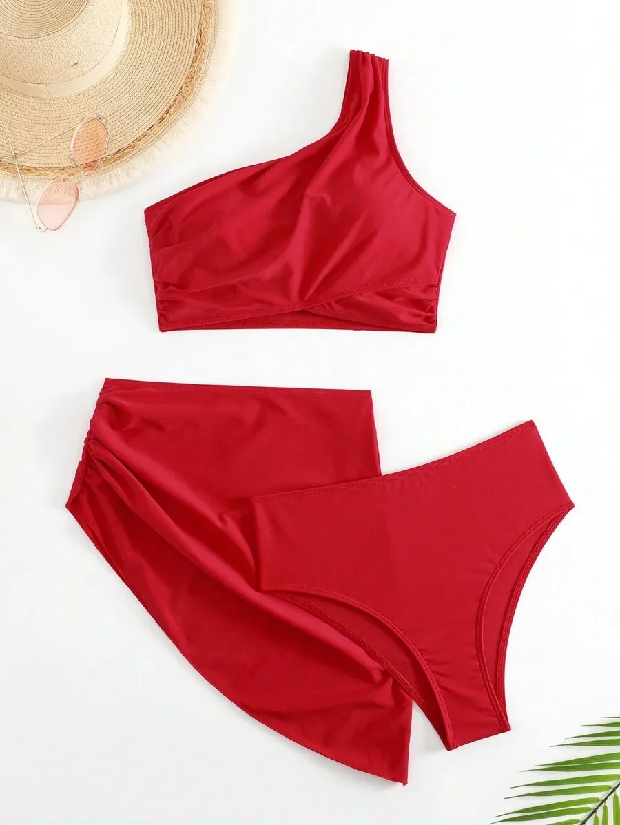 

Red One Shoulder Minimalist Two Piece Bikini Set For Beach Summer Vacation