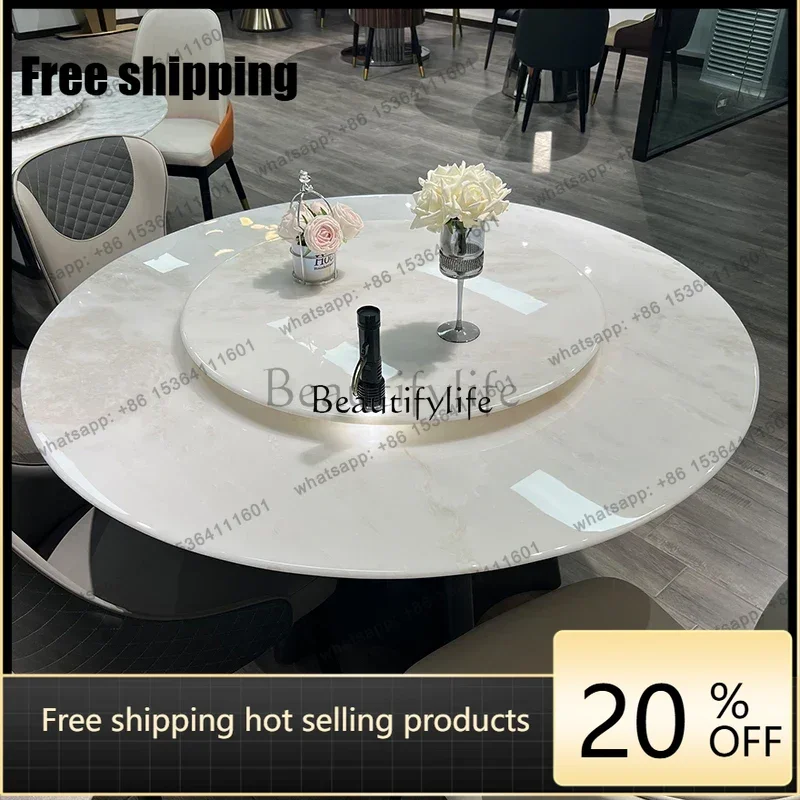 JJ Natural luxury stone with turntable round dining table modern simple household Italian light luxury marble