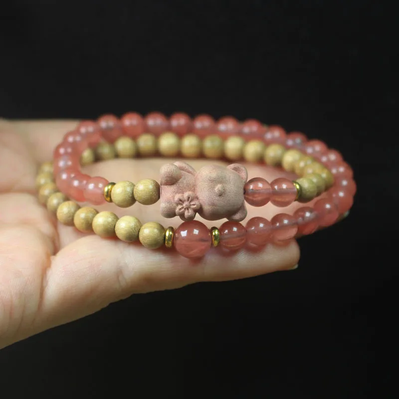 Milk Fragrant Wood 6mm Double Circle Beads Bracelet Mori Style Bear Simple Watermelon Bracelet Rosary Men and Women Jewelry Gift