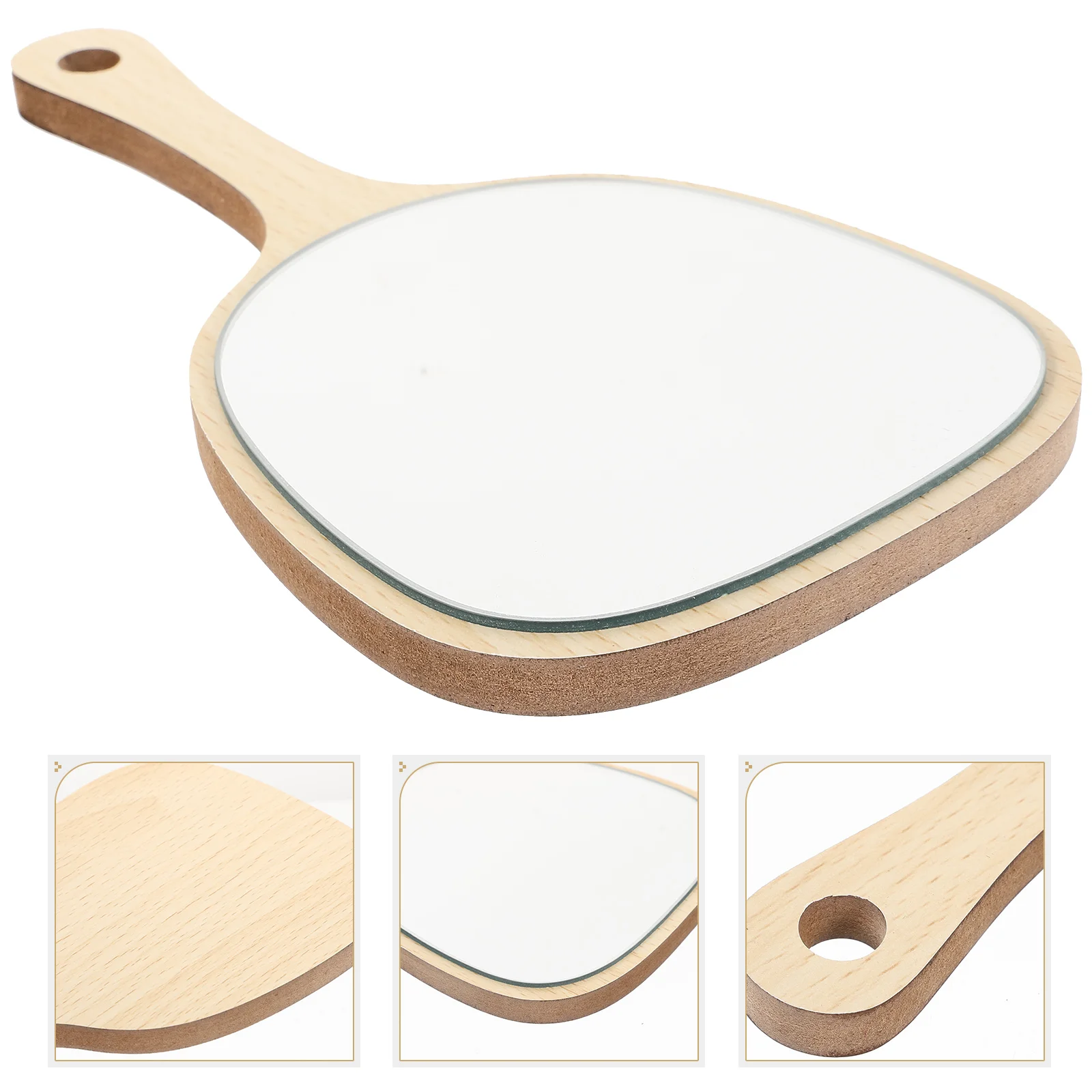 Espejo con orificio de gancho, diseño ergonómico, maquillaje para baño, portátil, para exteriores, tamaño mediano, montado en la pared, agarre cómodo de bambú