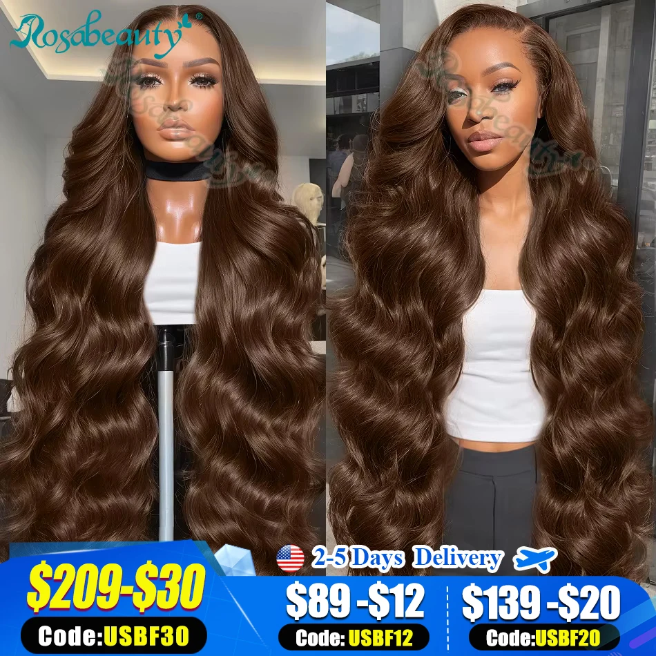 Rosabeauty Chocolate Brown Body Wave 13x6 HD Lace Frontal Human Hair Wigs Water Wave #2 Colored Wig 250 Density 40Inch