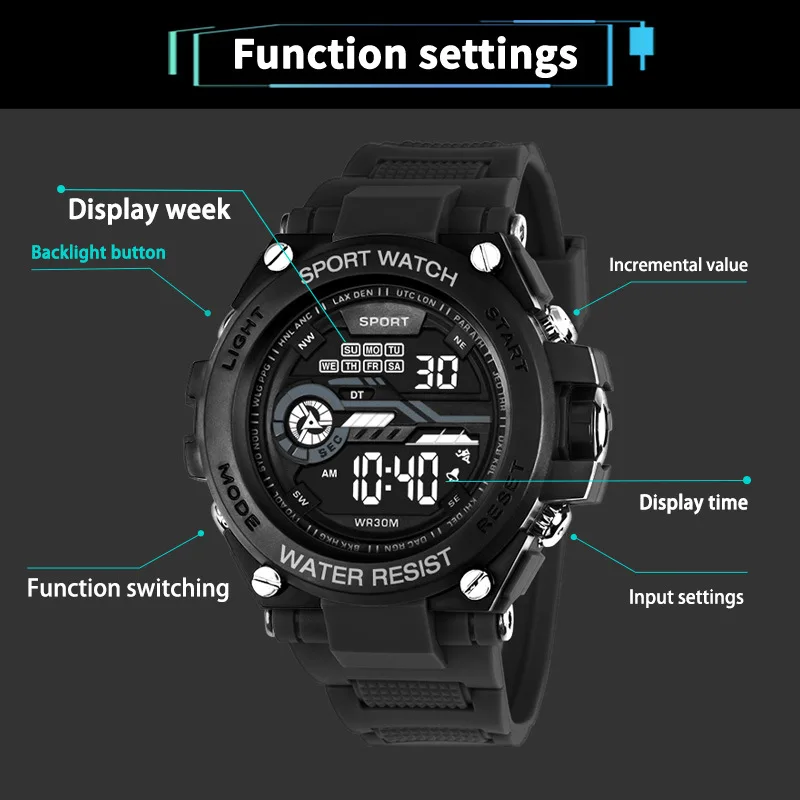 Multifunction Men\'s Sport Watch Outdoor Waterproof  Big Dial LED Digital Watch Date Week Alarm Military Electronic Watch for man