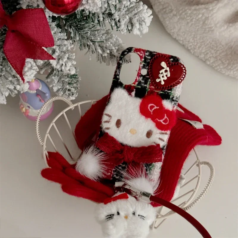 Ins Cute Cartoon Sanrio Hello Kitty Winter Warm Furry Plush Phone Case For iPhone 16 15 14 13  Pro Max Soft Cover With Lanyard
