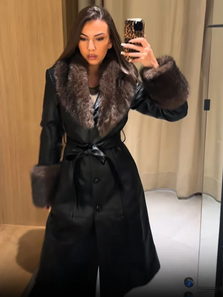 Elegant Faux Leather Long Coat Detachable Big Fur Collar Belted Waist Slim Full Sleeve Coat Lady Winter Party Street Outerwear