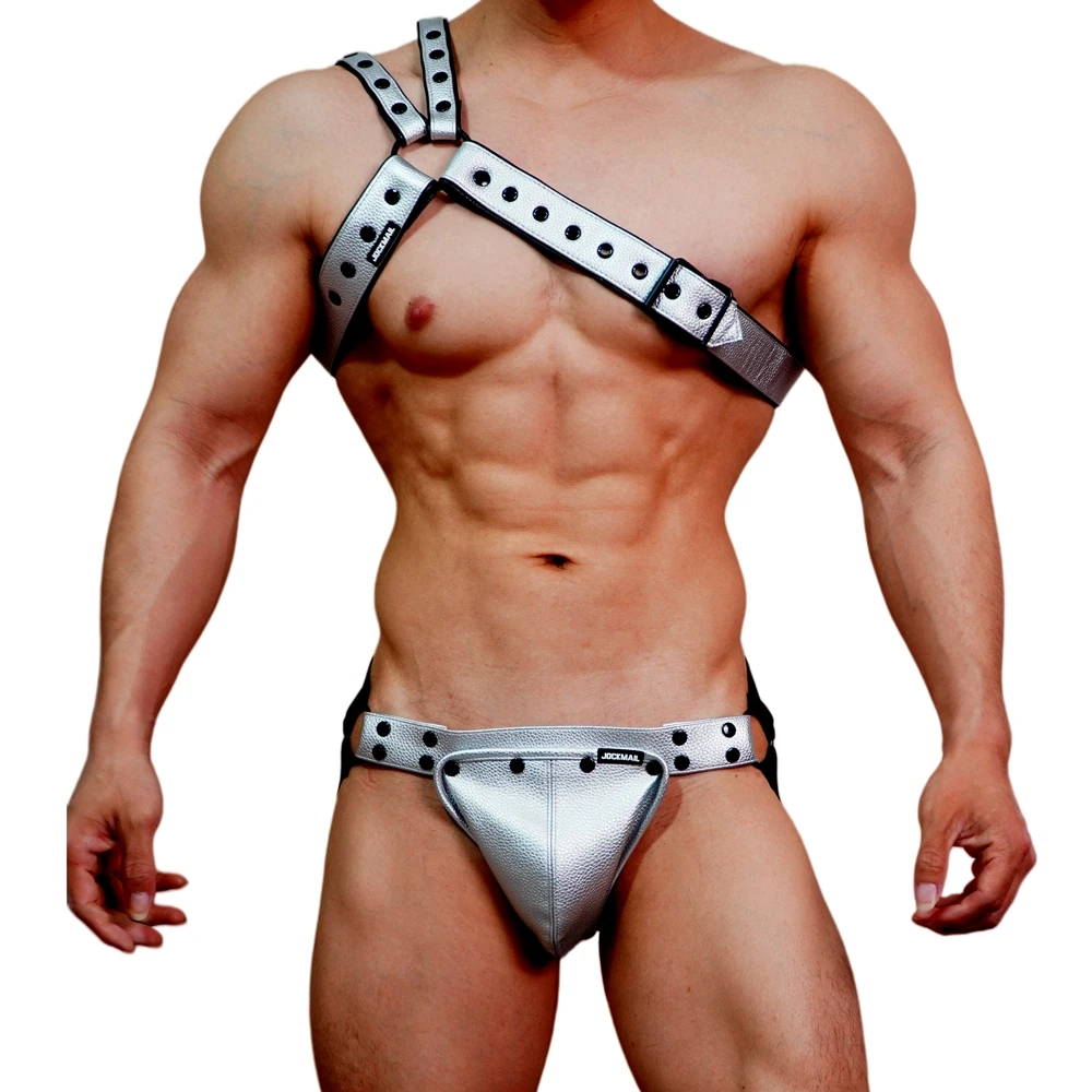 Men's Leather Tri Harness Chest Armor Buckles Adjustable Size Removable Pouch Faux Leather Jockstrap Gay Underwear  Costumes