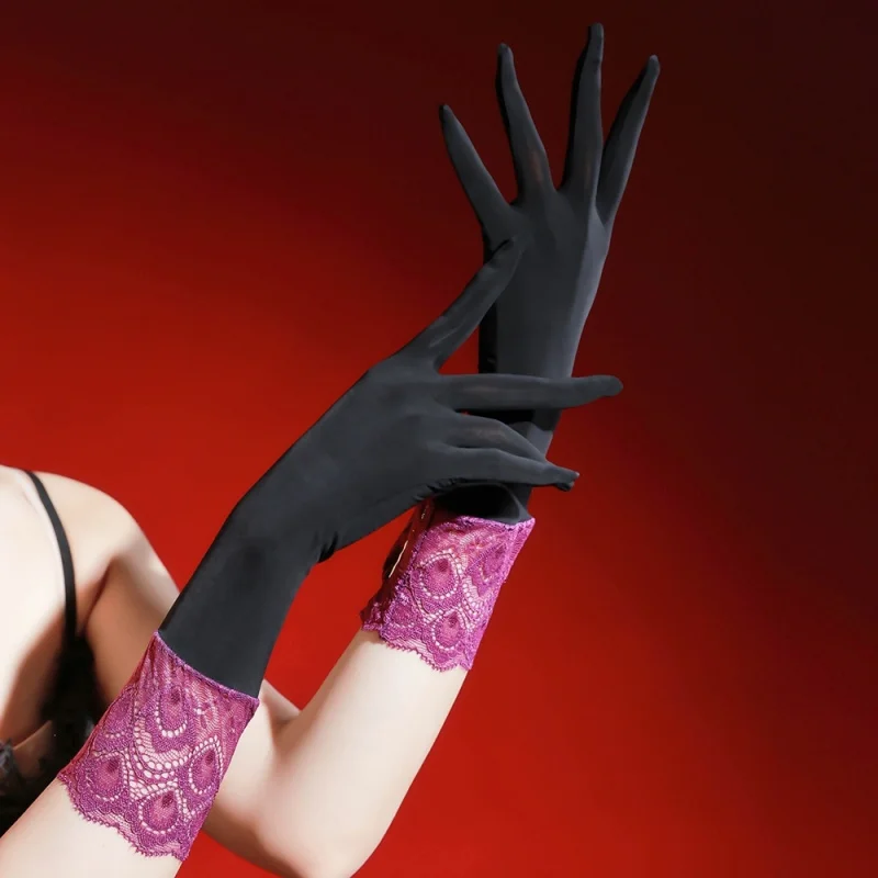 women's Black silk stockings, silk gloves, five-finger silky smooth, sexy glossy gloves, fun shiny airplane-themed women's glove