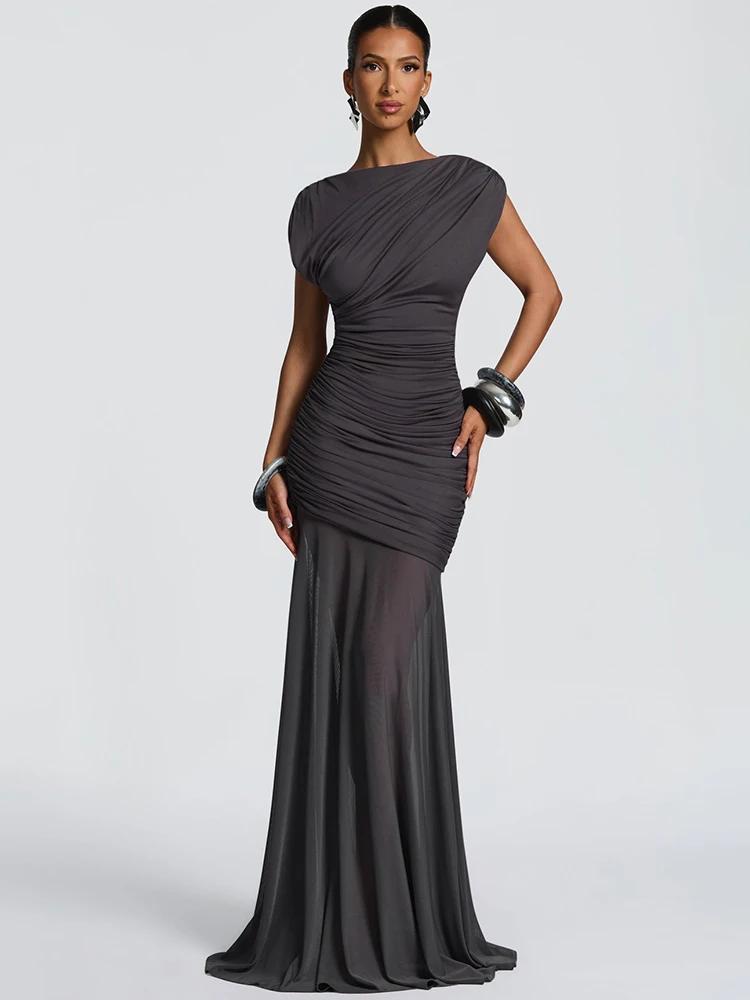 

Mozision Sleeveless Ruched Sexy Maxi Dress Women Gown Elegant Patchwork Mesh O Neck High Waist Skinny Club Party Long Dresses
