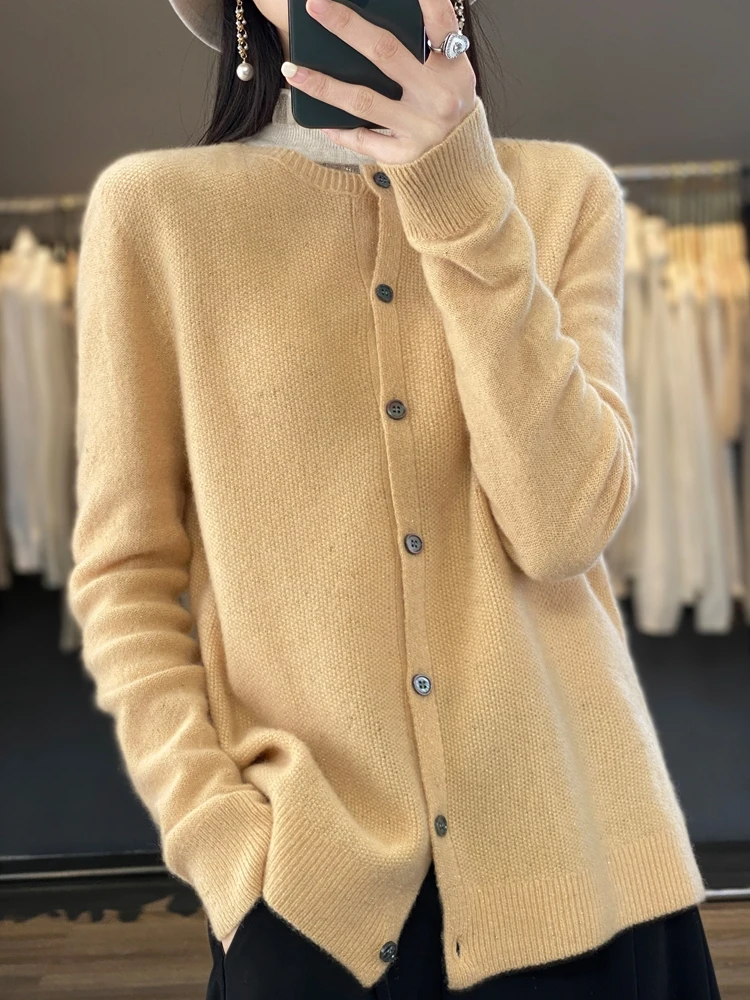 100% Wool Cardigan Bright Silk Sweater Women Knit O-neck Long Sleeve Tops Loose Mujer Clothe Fashion Casual Single Breasted