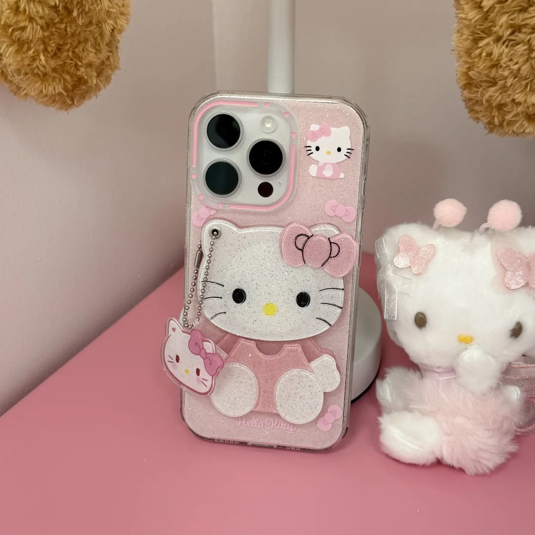 

Kawaii Cartoon Hello Kitty head KT Rotating mirror Phone Case For iPhone 16 15 14 Pro Max glitter shockproof Silicone soft Cover