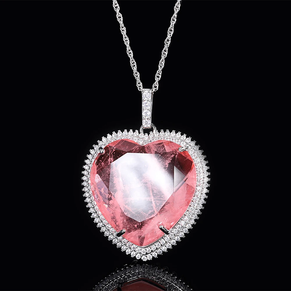 Vintage 32*32mm Heart-Shaped Pink Quartz Amethyst Paraiba Tourmaline Pendant Necklace for Women Gemstone Party Fine Jewel Gift