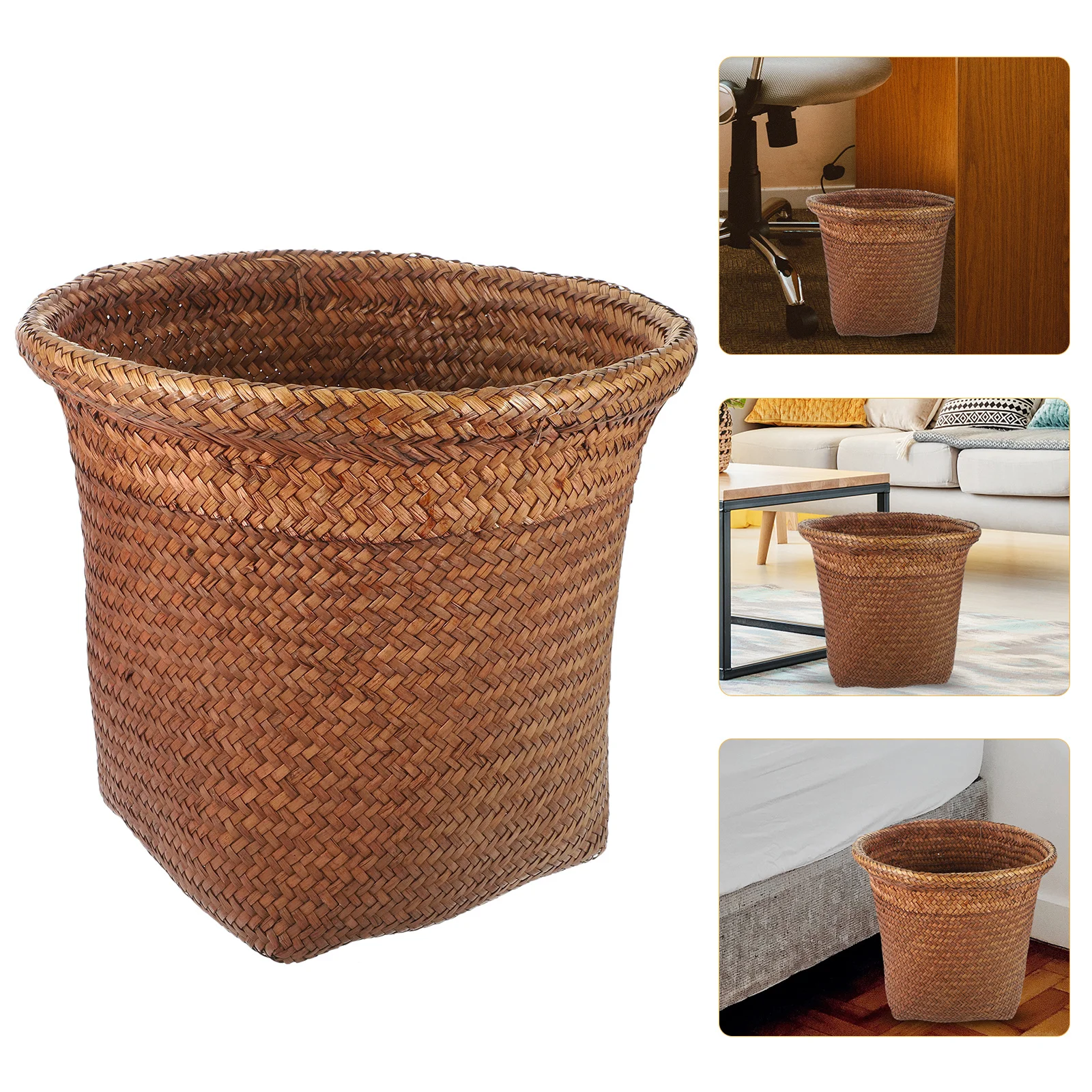 

1pc Natural Straw Woven Waste Basket Garbage Can Household Trash Container For Bedroom Office Kitchen Bathroom Small Desktop