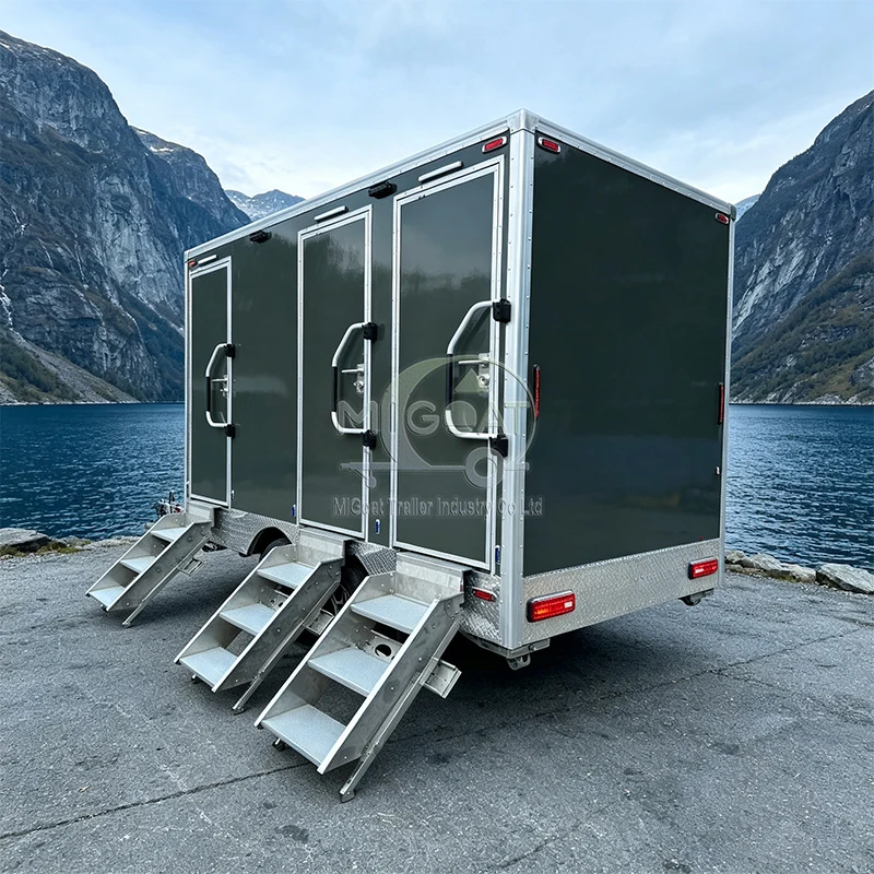 Tandem Axle Luxury Toilet Trailer Three Private Restroom Rooms With Sink Mirror and Folding Steps for Outdoor Events