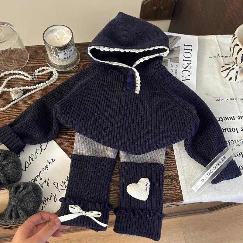 

Korean Children Clothing 2025 New Autumn and Winter Girls' Lace Hooded Knitted Sweater Children's Fleece Leggings Two-piece Set