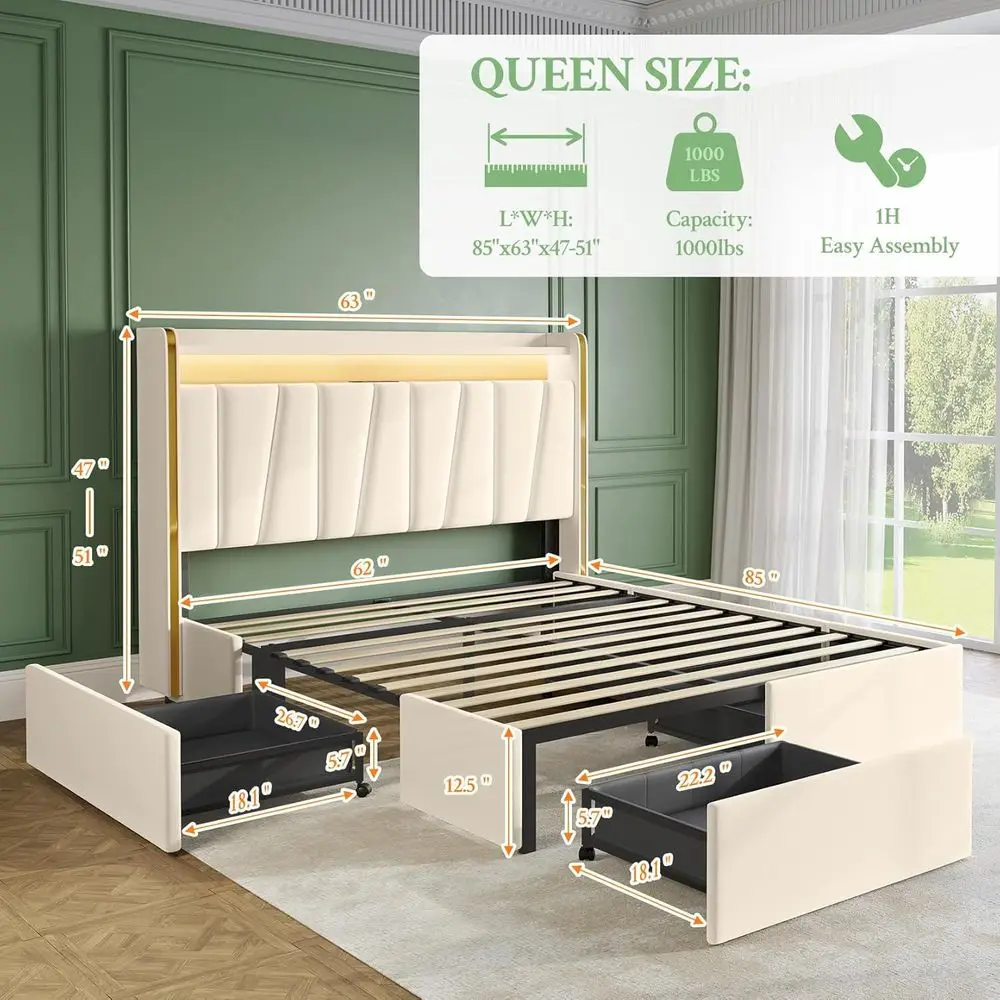 Beige 51 Upholstered Platform Bed with 4 Dustproof Drawers, 2-Tier Storage, Adjustable Panel, Charging Station, LED Lights, Easy