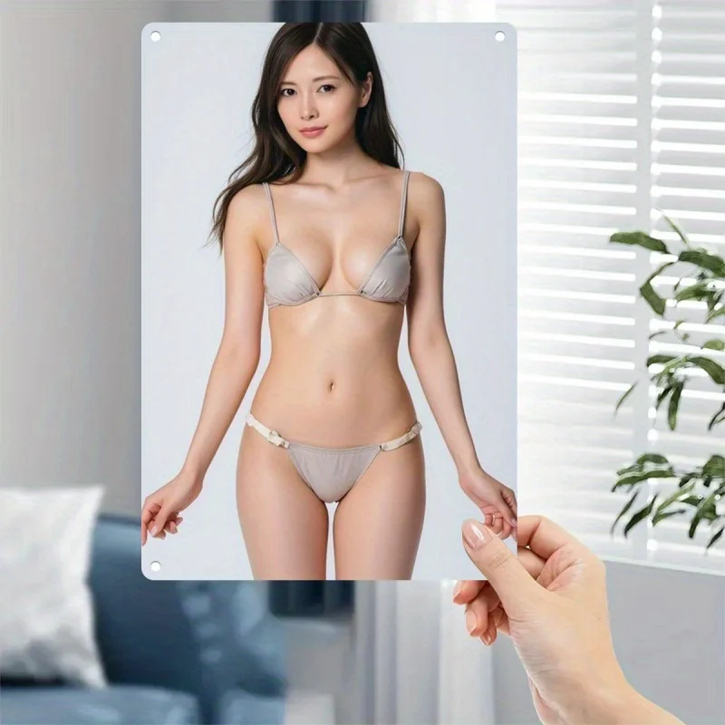 Metal Bikini Poster, Minimalist Brown Beach Girl Print on Heavy Metal Sheet, Wall Decor for Home Bar Cafe