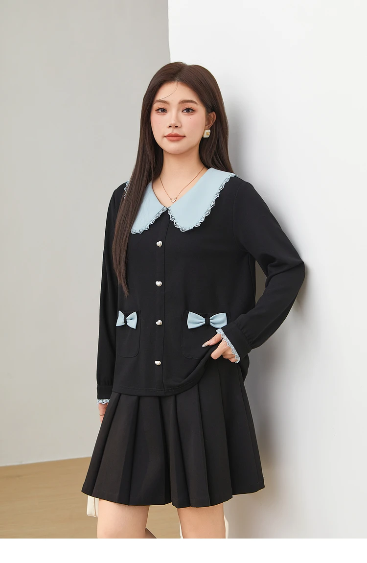 حجم كبير فتاة الحد من العمر الحلو بيتر بان طوق تنوعا محبوك قميص لطيف القوس أنيقة الدانتيل بسيطة أنيقة طويلة الأكمام أعلى