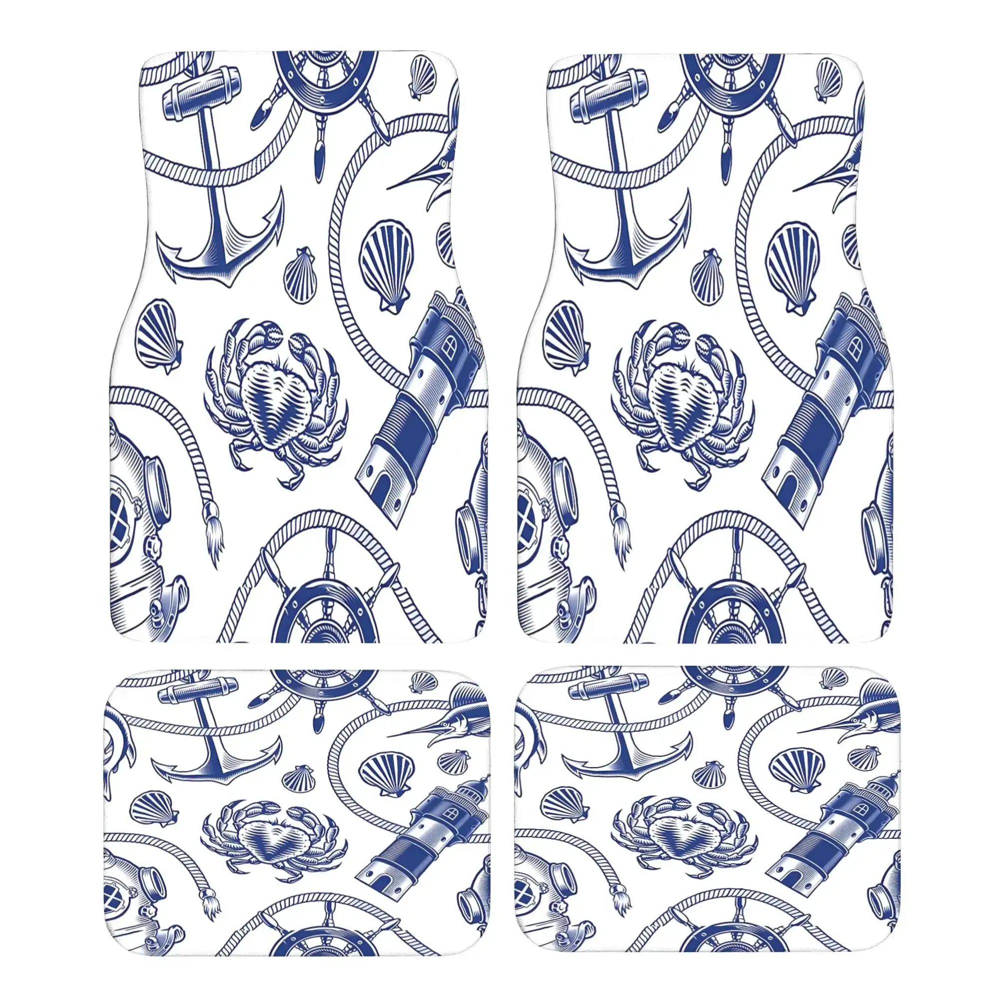 4-Sea Symbol Car Floor Mats - Non-Slip High-Quality All-Weather Mats With Anchor, Ship Wheel & Rope Design, Durable Blue & White