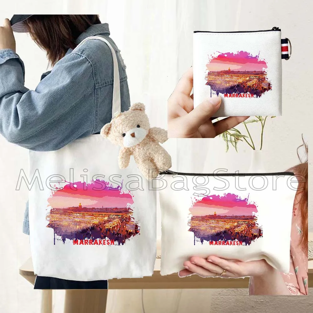 4PCS Gifts Set Marrakesh Morocco White Canvas Tote Bag Handbag with Doll Key Coin Purse Cosmetic Makeup Toilet Bag Case Pouch