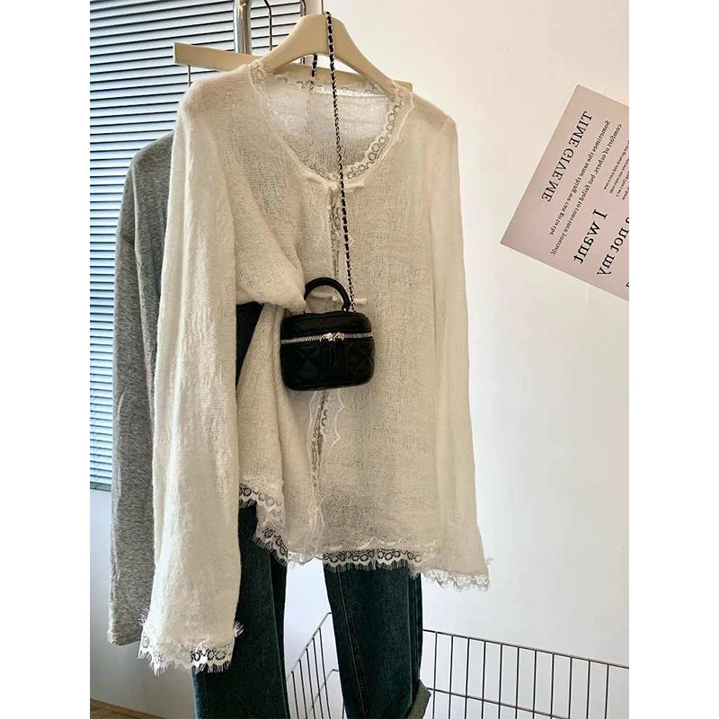 

Вязаный топ больших размеров с длинными рукавами, ажурный, свободного кроя, с кружевной отделкой, в корейском стиле, для повседневной носки, осенняя мода