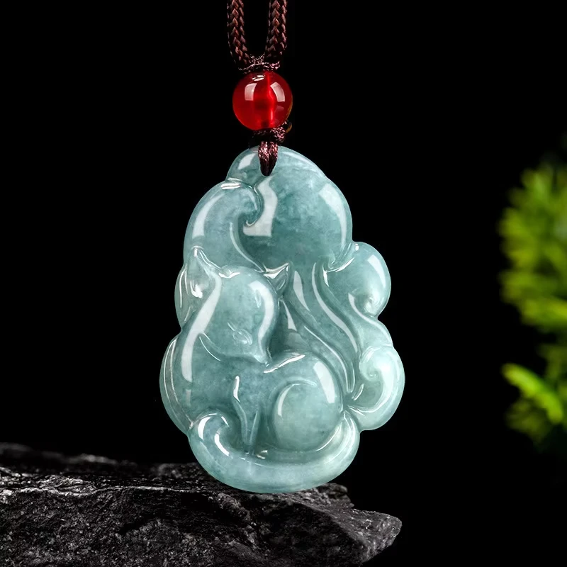 

Authentic Natural Jadeite Blue Water Nine Tail Fox Fairy Pendant Exquisite Luxury Charm Women Jewelry Necklace Mascot