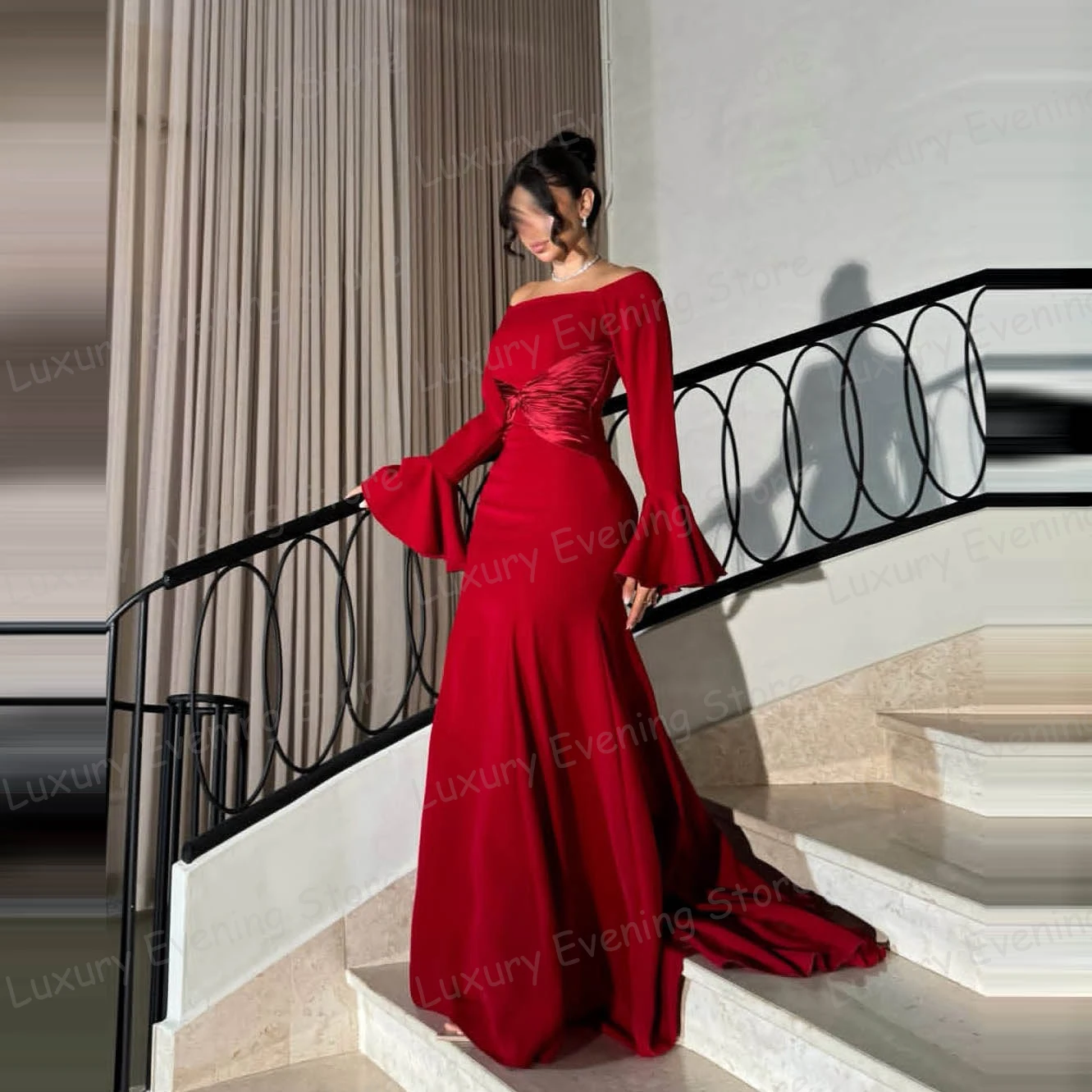 فساتين سهرة حمراء بسيطة للنساء حورية البحر مثيرة بأكمام طويلة وكشكشة فساتين حفلات بدون أكتاف موضة فيستدوس دي نوفيا مخصصة