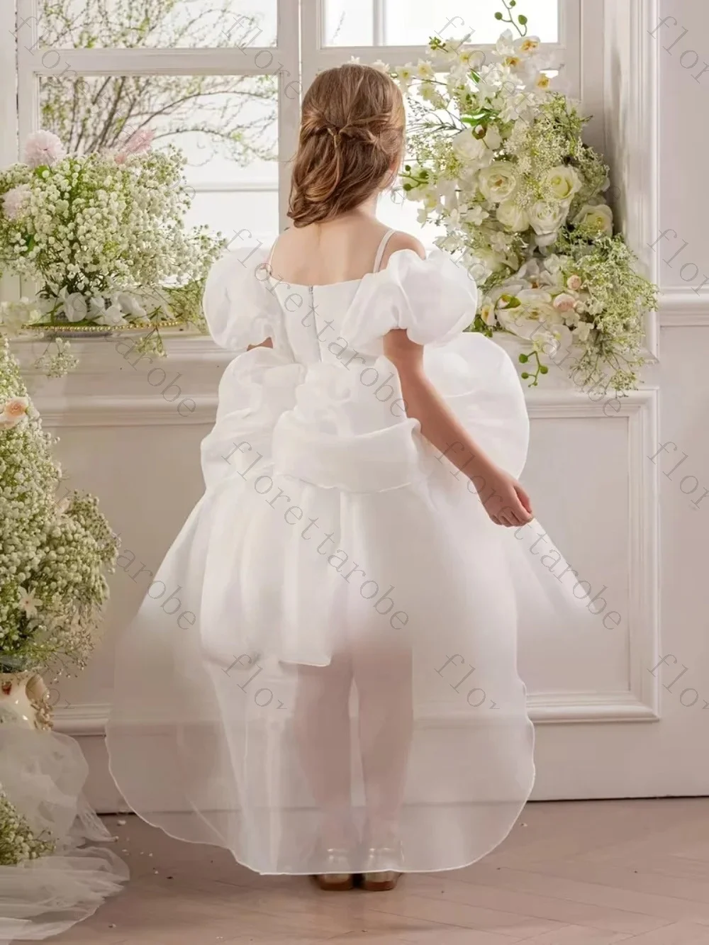 Customized White Organza Flower Girl Dress High Low Sweetheart Puff Sleeve Large Bow Ruffles Wedding Birthday Kids Princess Gown