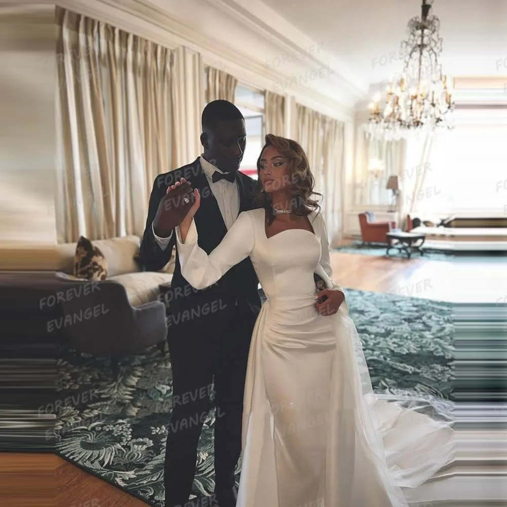 シンプルなウェディングドレスマーメイド女性の 2 で 1 長袖セクシーなスイープトレイン花嫁ドレスボートネック Vestidos デノビアカスタマイズ