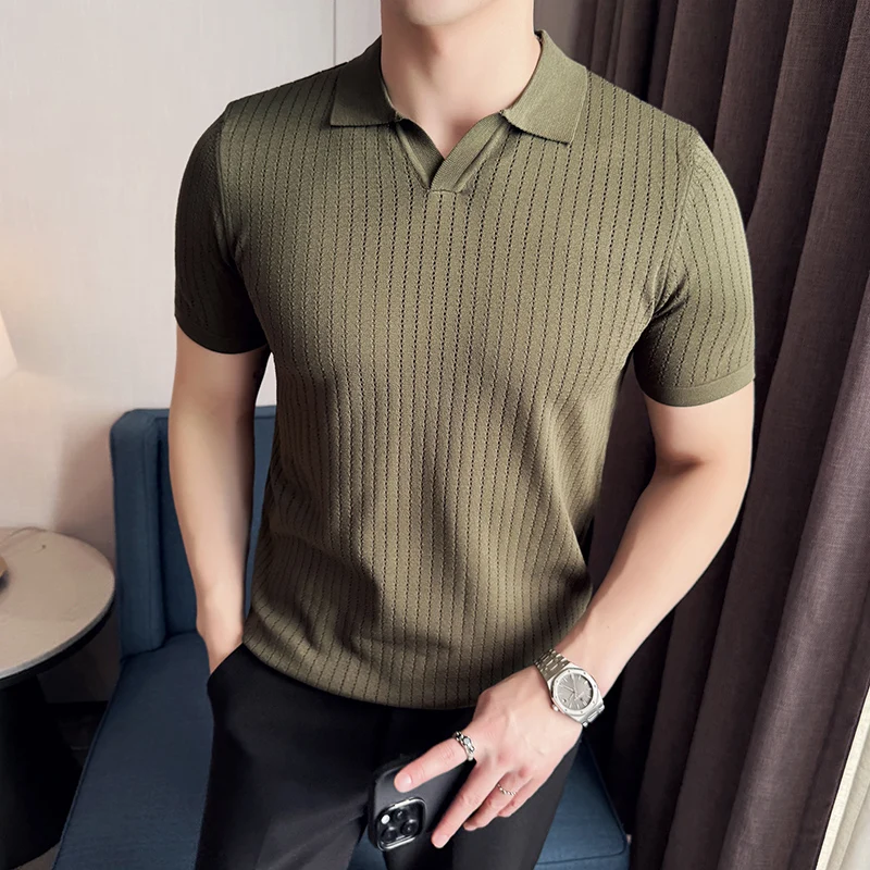 Summer British Style Short Sleeve Knitted Polo Shirts Men Fashion V-neck Casual Business T-shirt Versatile Daily Tee Tops