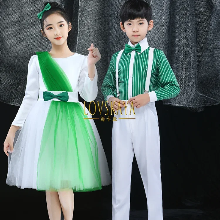 Disfraces de actuación de baile verde de estilo chino para niños, trajes de coro de escuela primaria de primavera