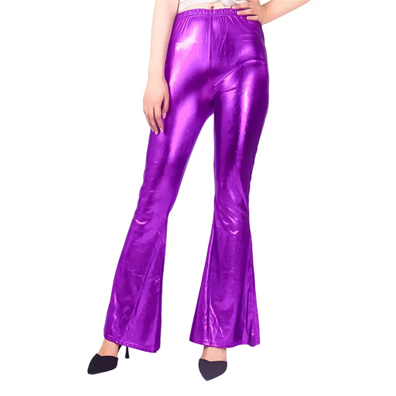 Women Shiny Flare Trousers Laser Metallic Wetlook Ruffle Wide Leg Pants Retro 70s Disco Hippie Club Trousers Skinny Bell Bottoms