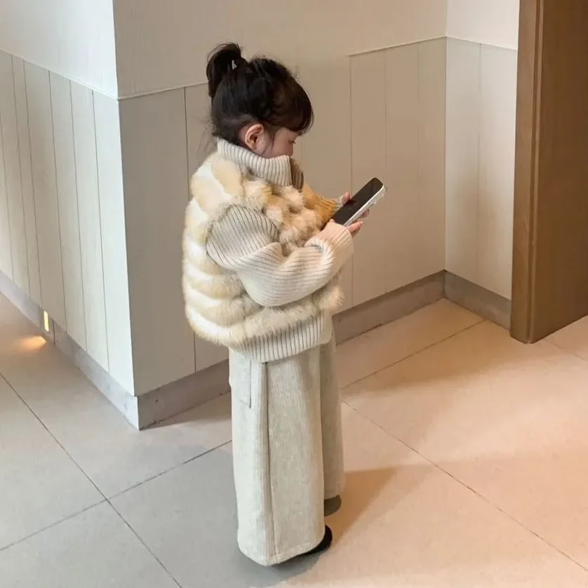 Winter Elegance Fashion Girls Sweet Casual Kids Princess Cute Two fake Coats Sweater+Knitted Pants Children Casual 2Pcs Suits