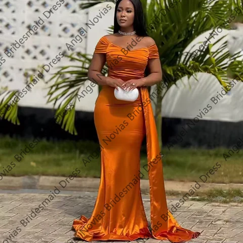Långa Orange Sjöjungfru Brudtärneklänningar med Sidokjol Bara Axlar Anpassade Bröllopsfestklänningar Vestidos Casamento Madrinha 8 best sales bränd orange mantel - №8