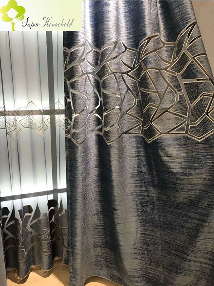 Luxury Brown Crack Geometric Design Curtains For Living Room Bedroom Blue Tulle Window Kitchen Sheer Blinds Drape