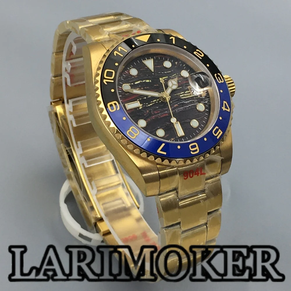 LARIMOKER 41MM Gold Men's Mechanical Watch NH35 Sapphire Glass Ceramic Bezel Meteorite Texture Luminous Dial Waterproof Watch